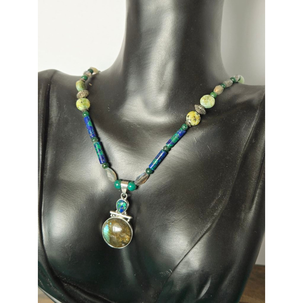 Necklace natural stones labradorite lapis and more silver tone